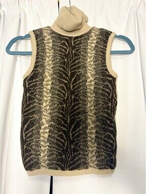 Vintage 90s Cache Made In France Leopard Print Turtleneck Sweater Knit Vest S